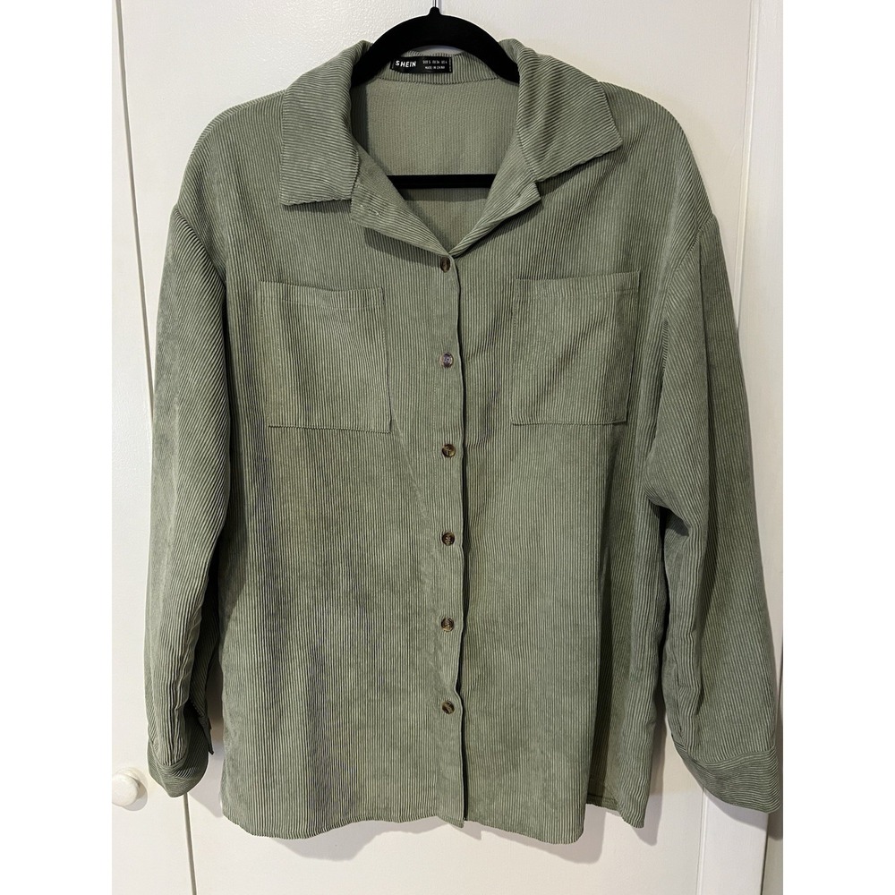 Shein Curve Green Lightweight Corduroy Long Sleeve Button Shirt Women's Small